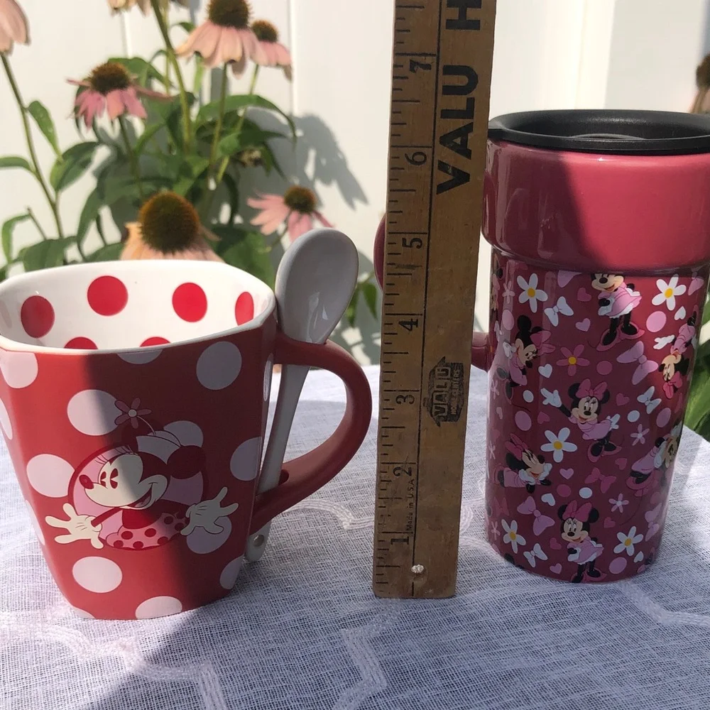 DISNEY MINNIE MOUSE soup hot chocolate mug w/ spoon & travel mug with lid